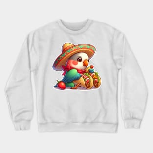 cute love birds are eating Mexican specialties, Tacos, Burritos, Enchiladas, Quesadillas, Guacamole, Fajitas, Chiles Rellenos, Tamales, Mole, Chilaquiles, Crewneck Sweatshirt